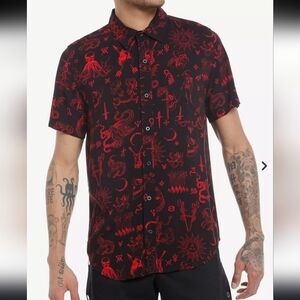 Social Collision Ancient Monsters Allover Print Button-Up Grunge Goth Black XL